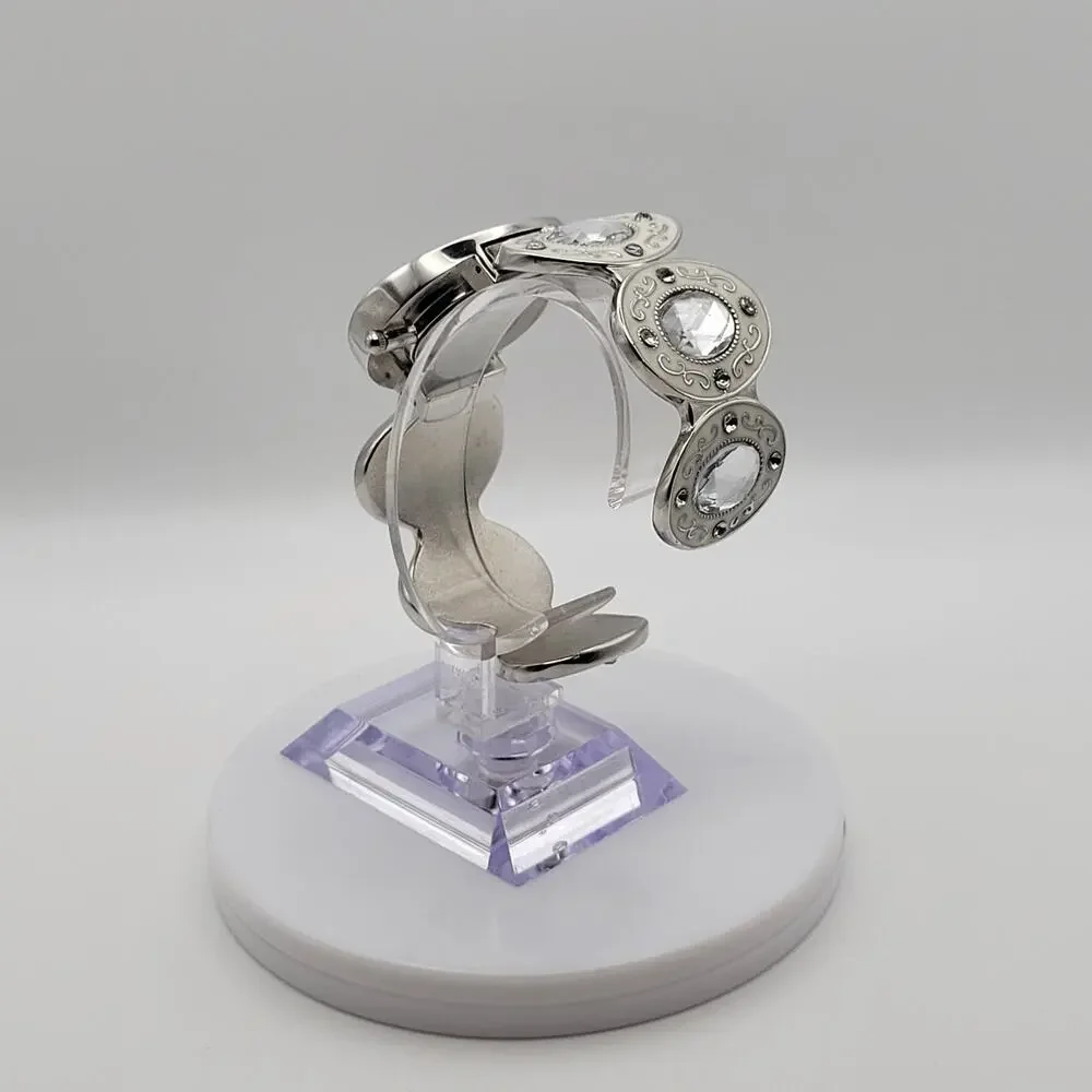 Women's Cuff Bangle Watch Mother of Pearl Dial Silver Filigree Crystal Links